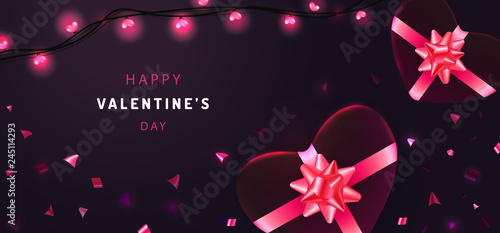 Valentines Day horizontal web banner with realistic heart-shaped gift boxes, confetti and pink garlands. Holiday poster, header or flyer design. Vector illustration