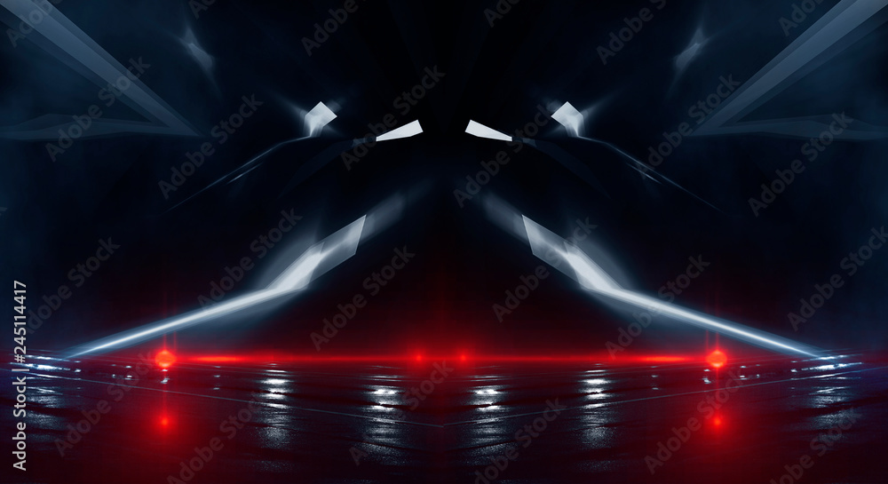 Background wall with neon lines and rays. Background dark corridor with neon light. Abstract background with lines and glow. Light element in the center, a triangle, a pyramid with neon. Background wall with neon lines and rays. Background dark corridor with neon light. Abstract background with lines and glow. Light element in the center, a triangle, a pyramid with neon.