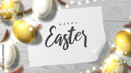 Happy Easter holiday banner. Beautiful background with realistic white and golden eggs, sparkling gold confetti, shining garlands and chicken feathers. Festive vector illustration with effect bokeh.