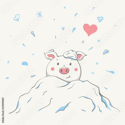 Lovely cute cheerful piggy is sitting in a snowdrift covered in snow. Valentine card with symbol of the year - a pig.