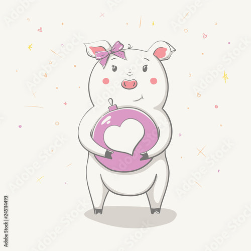 Lovely cute cheerful piggy with Сhristmas ball with heart. Big Valentine. Card with cartoon animal.