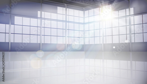 Empty hall with large window. Rays of light falling into the interior. Vector illustration.