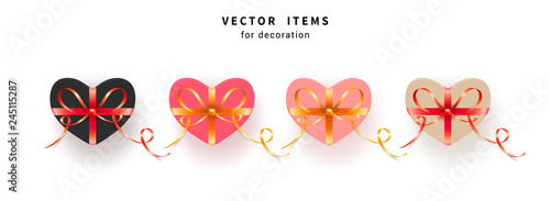 Set of pink and heart shaped gift box with gold and red bows with ribbons. Vector Illustration