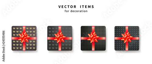 Collection of black gift box with pattern and shiny red bows with ribbons. Black Friday.