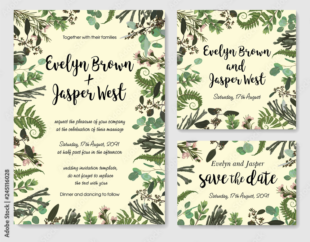 Set of vector wedding invitation, greeting card, save date. Frame of green leaves of fern, brunia, boxwood, eucalyptus twigs and chamaelaucium. Watercolor, rustic style, banners Set of vector wedding invitation, greeting card, save date. Frame of green leaves of fern, brunia, boxwood, eucalyptus twigs and chamaelaucium. Watercolor, rustic style, banners