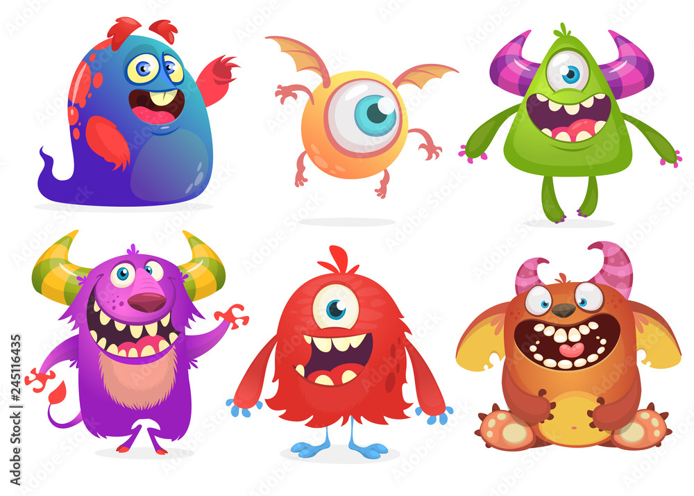 Fototapeta premium Cartoon Monsters collection. Vector set of cartoon monsters isolated. Design for print, party decoration, t-shirt, illustration, logo, emblem or sticker