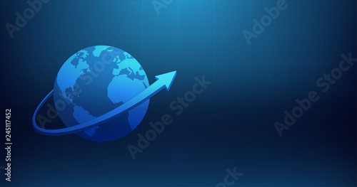 Abstract financial chart with up trend line graph and arrow around globe on blue color background