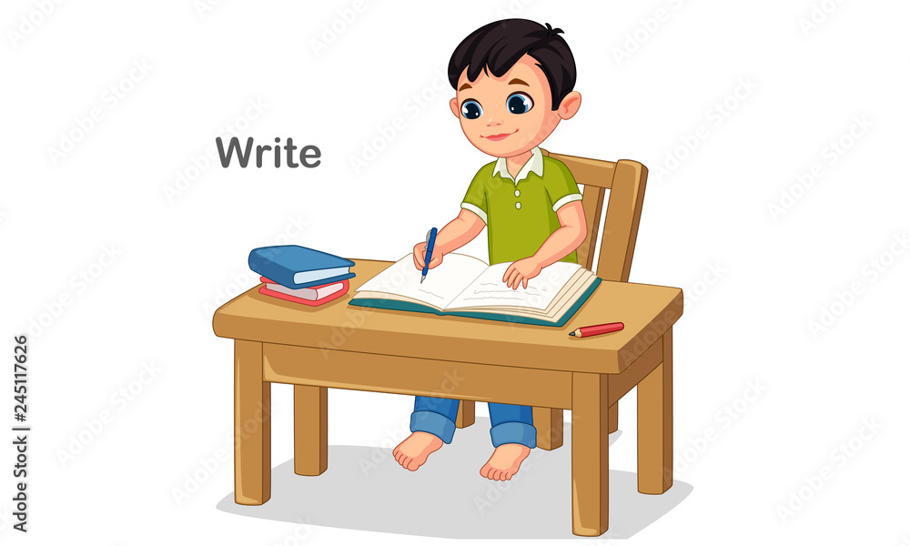 Boy writing in a book illustration