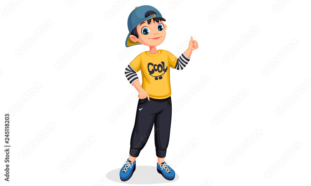 Fototapeta premium Cute boy in standing position showing thumb
