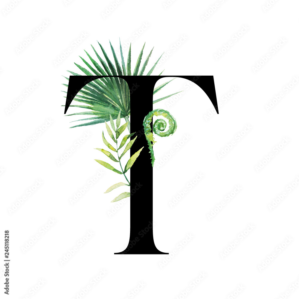 Floral Tropical Alphabet - black letter T with leaves bouquet ...