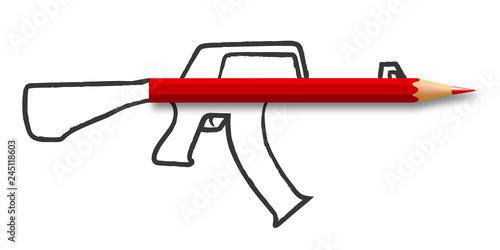 Concept de la liberté de la presse et de l’information avec un crayon qui forme le canon d’un fusil, dessiné sur un fond blanc