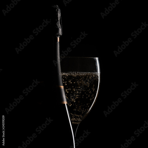 bottle and glass of sparkling wine, silhouette on black background, center