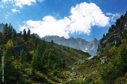 Landscape of the Alpine Mountains on the route of the Mont Blanc Tour from the Italian side.