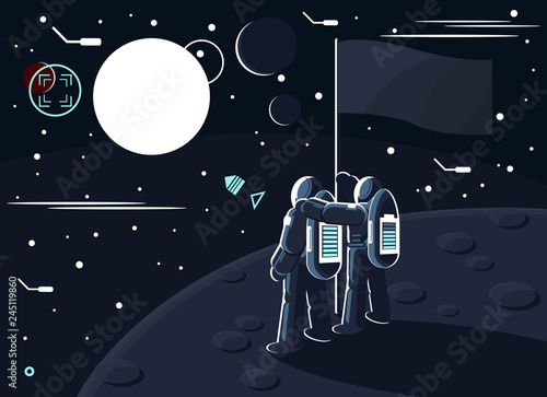 Vector illustration of astronauts standing together on the moon or another planet near the flag and dreaming to conquer Mars.