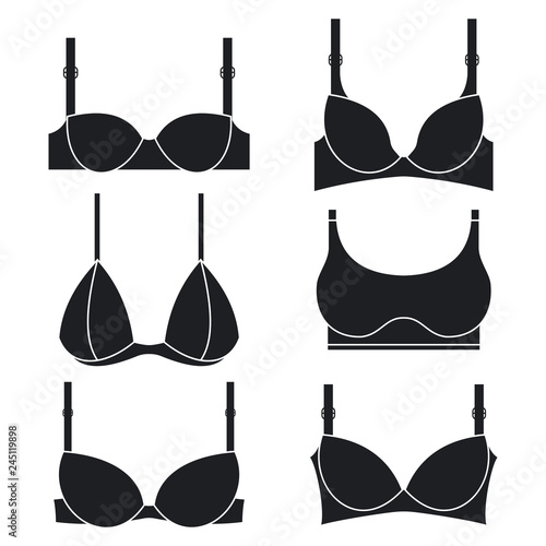 Brassieres of different types. Female bras vector black silhouettes icons set isolated on white background.