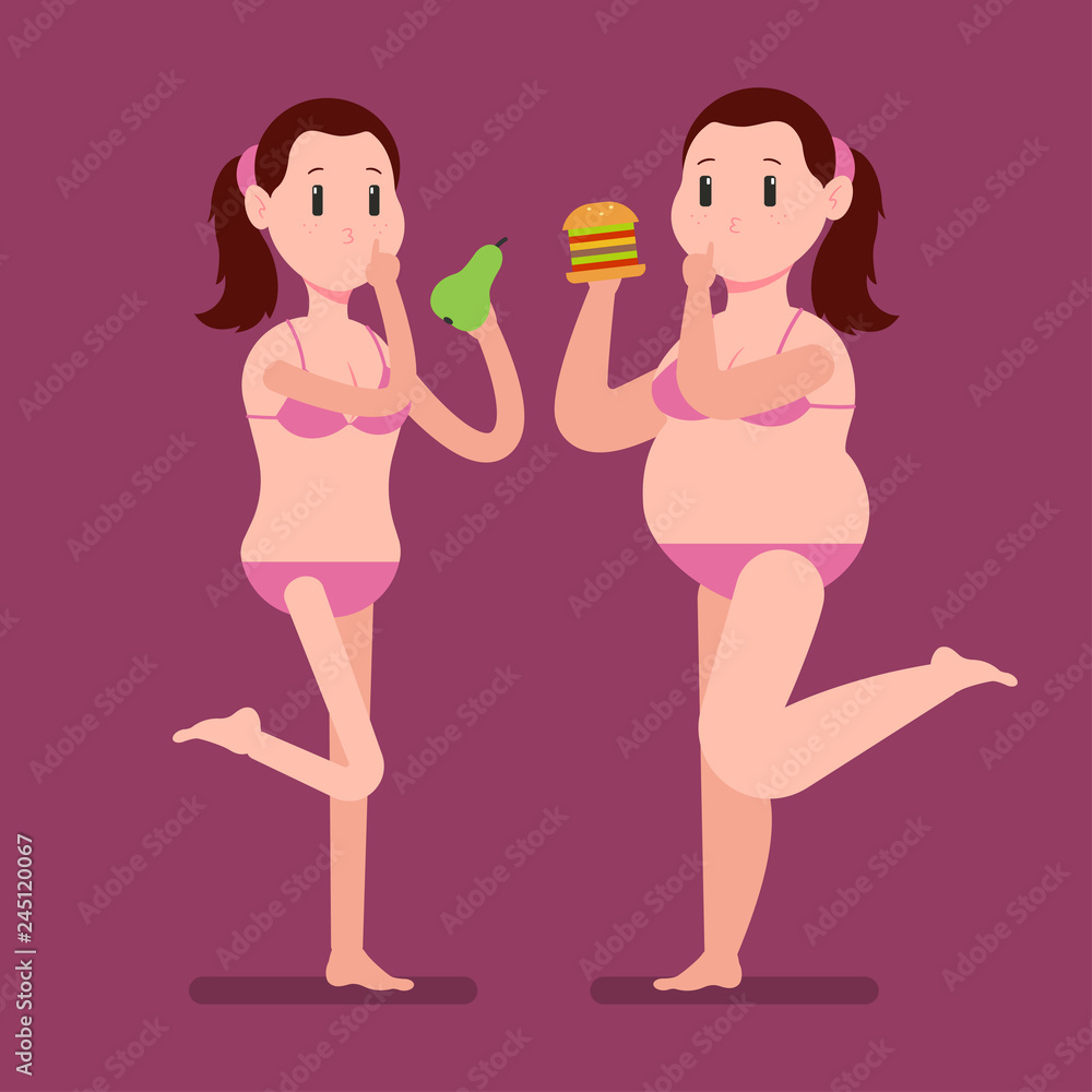 Fat and thin girl in a swimsuit with a pear and a hamburger. Vector cartoon woman character isolated on background. Unhealthy and healthy food, weight loss concept illustration. Fat and thin girl in a swimsuit with a pear and a hamburger. Vector cartoon woman character isolated on background. Unhealthy and healthy food, weight loss concept illustration.