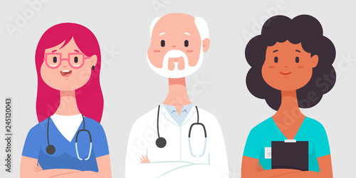 Medical team with doctor, nurse and intern. Vector cartoon man and woman character isolated on background.