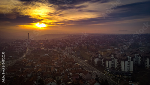 Aerial view of sunset in Kragujevac town in Serbia  cloudy winter day