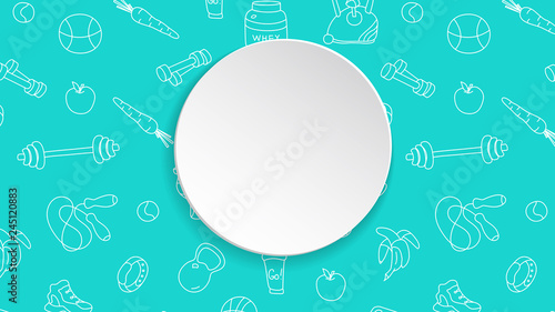 Fitness banner with hand drawn gym pattern and 3d paper plate. Doodle icons for workout and exercise. Sport lifestyle line art. Stylish fitness banner for sales, special offers, flyers and ad.