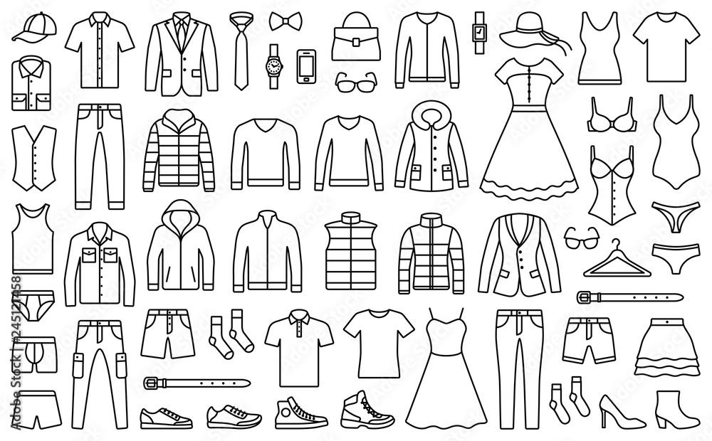 Woman and man clothes and accessories collection - fashion wardrobe - vector  icon outline illustration Stock Vector