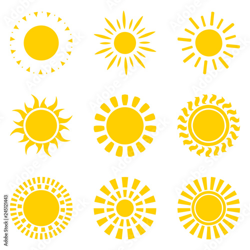 Set of yellow sun icon symbols isolated on white