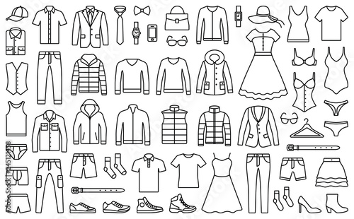 Woman and man clothes and accessories collection - fashion wardrobe - vector icon outline illustration photo