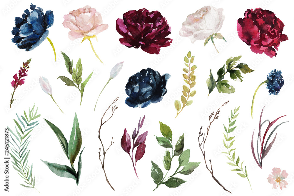 Watercolour floral illustration set. DIY flower elements collection - perfect for flower bouquets, wreaths, arrangements, wedding invitations, anniversary, birthday, postcards, greetings, cards, logo. - obrazy, fototapety, plakaty 