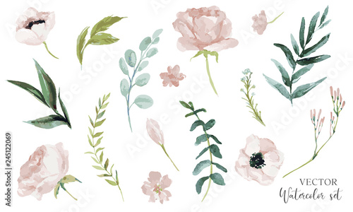 Obraz na płótnie Wektor zestaw akwarela ilustracja kwiatowy. Kolekcja elementów kwiatowych DIY - idealna na bukiety kwiatów, wieńce, aranżacje, zaproszenia ślubne, rocznicę, urodziny, życzenia, karty, logo.