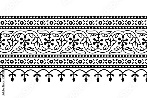 Woodblock printed seamless ethnic floral geometric border. Traditional oriental ornament of India Kashmir, flowers wave and arcade motif, black on white background. Textile design.