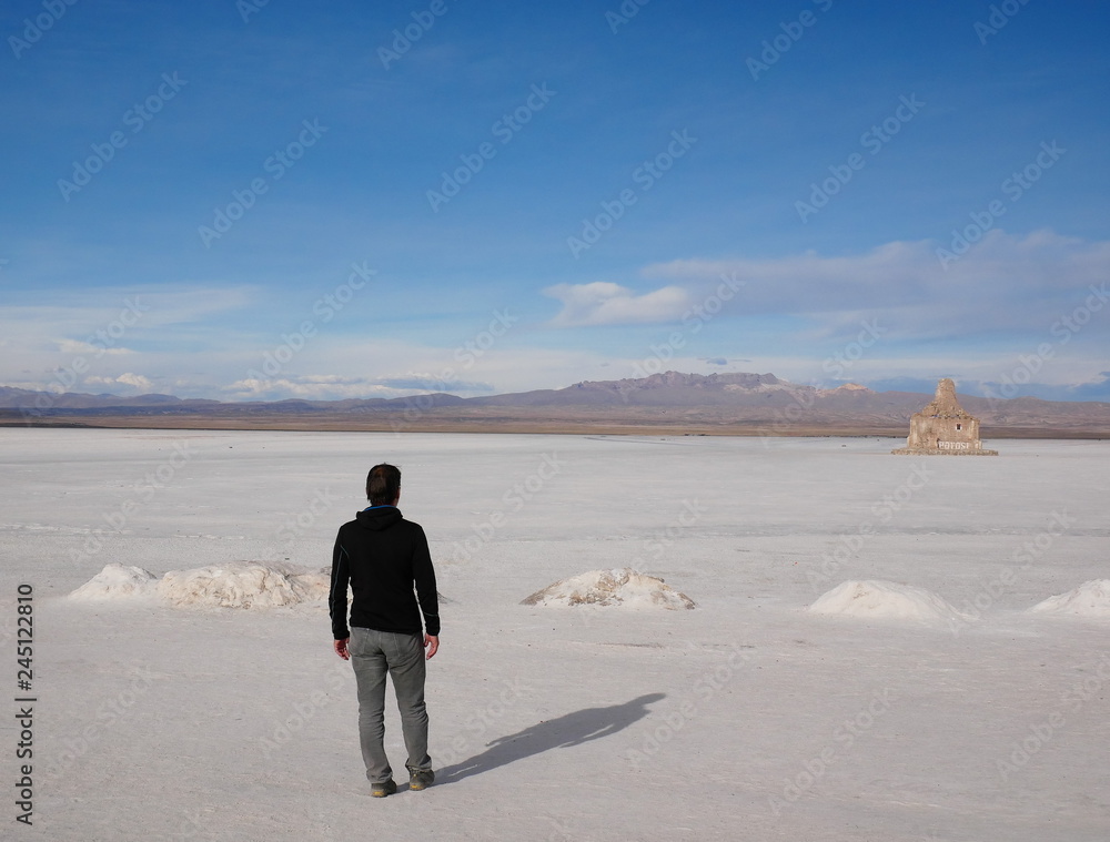 Young tourist at Salar de Uyuni, Bolivia