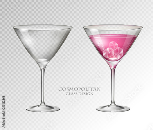 Realistic cocktail cosmopolitan vector illustration on transparent background. Full and empty glass
