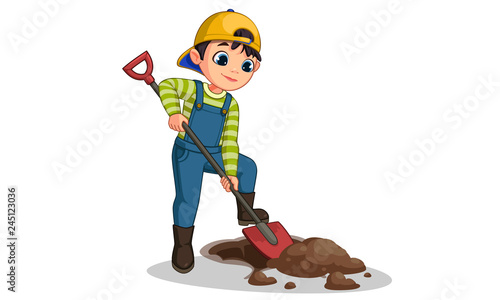 Cute little boy digging hole with shovel vector cartoon illustration