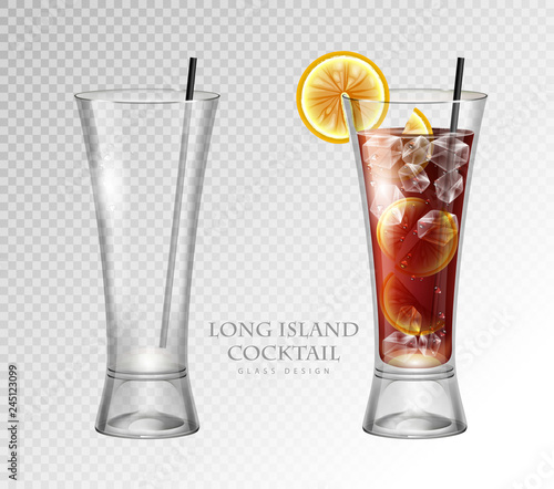Realistic cocktail long island ice tea vector illustration on transparent background. Full and empty glass