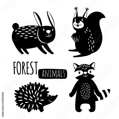 Black and white forest animals vector silhouettes. Illustration of hare and hedgehog, squirrel and raccoon