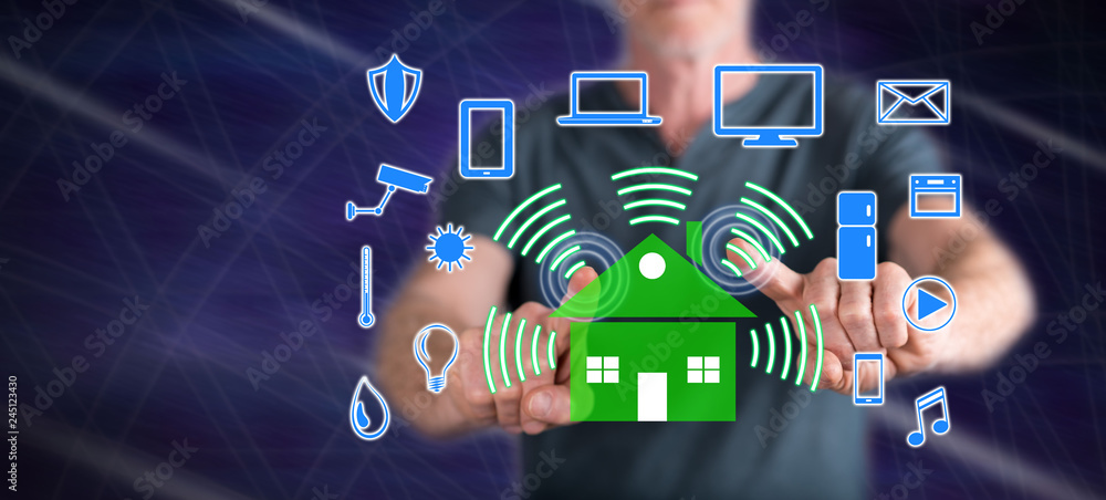 Man touching a smart home concept Man touching a smart home concept