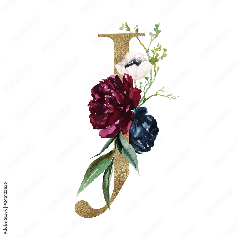 Floral Alphabet - letter J with flowers bouquet composition and