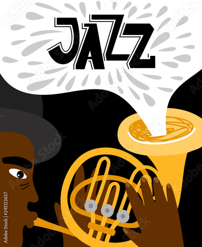 Jazz man african playing trumpet of banner. Music concert, musician man performance, vector illustration
