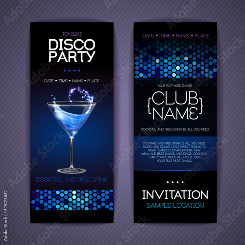 Disco invitation to cocktail party. Document template design