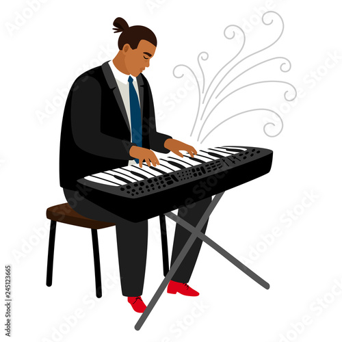 Jazz pianist plays on synthesizer, vector cartoon character. Illustration of pianist musical