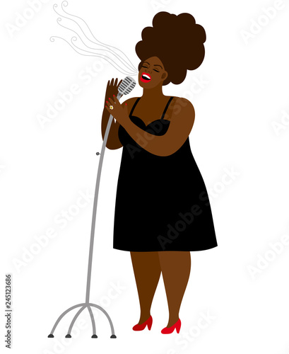 Jazz singer woman with microphone isolated on white. Jazz woman performance illustration