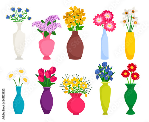 Set of colored vases with blooming flowers for decoration and interior. Chamomile, tulip, poppy and lilac. Vector illustration