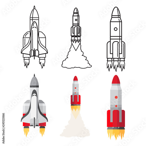 Cartoon and doodle line space rockets set vector illustration. Rocket spacecraft, ship and spaceship