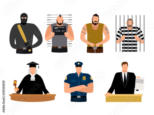 Justice people, prisoner and defendant, policeman, judge and lawyer. Vector murderer and prosecutor illustration