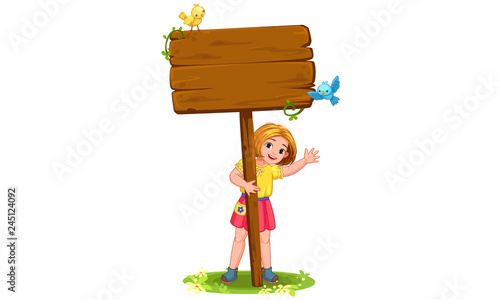 Cute little girl behind the blank wooden board
