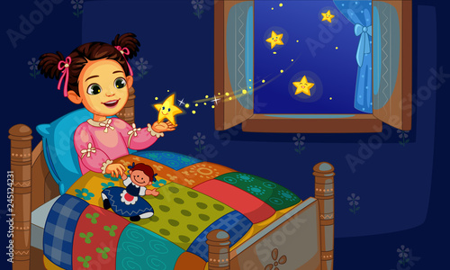 cute little girl in bed with twinkle star