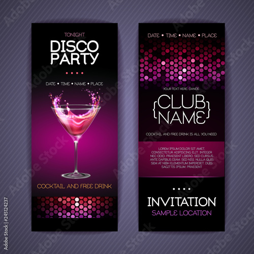 Disco invitation to cocktail party. Document template design
