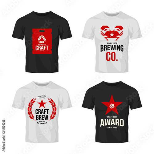Modern craft beer drink vector logo sign for bar, pub, store, brewhouse or brewery on t-shirt mock up bundle. Premium quality crab, star and keg logotype illustration set. Brewing fest badge design.