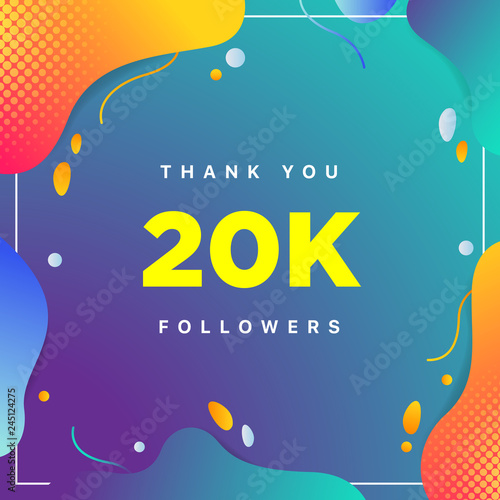 20k or 20000, followers thank you colorful geometric background number. abstract for Social Network friends, followers, Web user Thank you celebrate of subscribers or followers and like