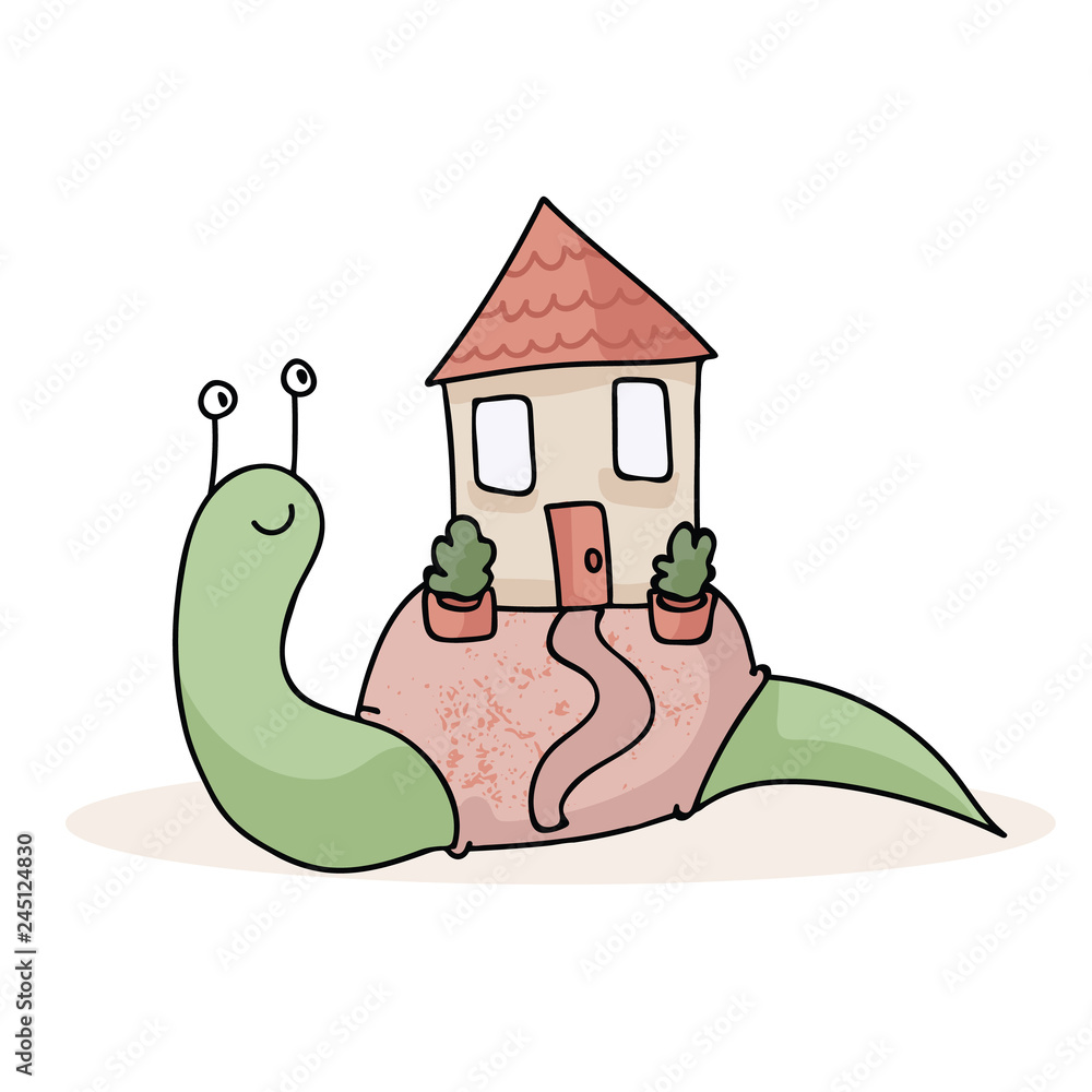 Cute Snail House Spot Illustration for House Warming Scrapbooking. Adorable mollusc with new