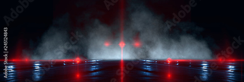 Background wall with neon lines and rays. Background of an empty dark corridor, parking, airport with neon light. Abstract background with lines and glow. Wet asphalt, the reflection of neon lights in © MiaStendal